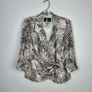 Alex Evenings Cream Black Abstract Sheer Sleeve Lapel Collar Formal Blazer